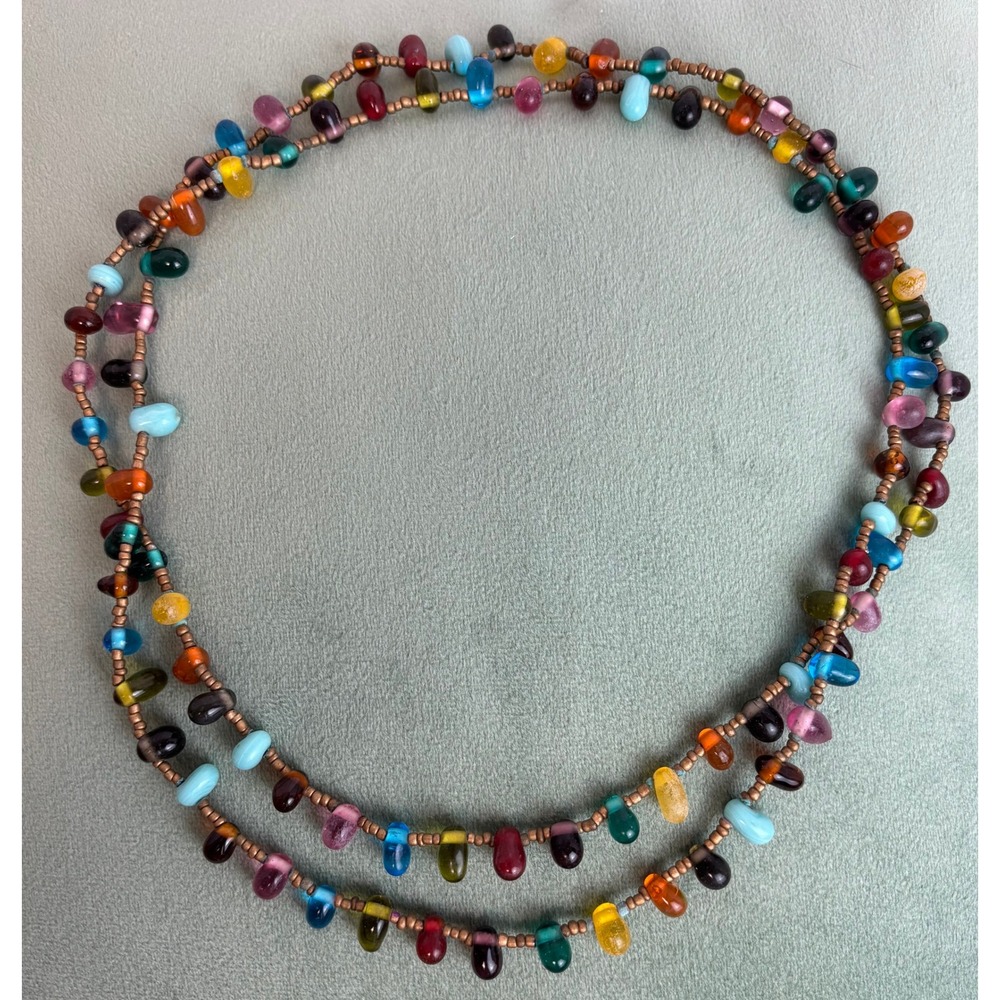 Bohemian Multi Color Glass Teardrop Bead 40" Long Necklace Bronze Tone P195
